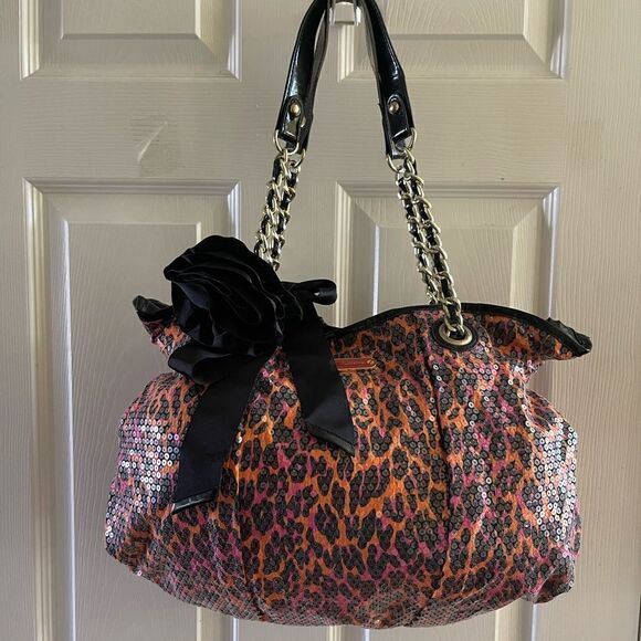 Betsey Johnson Fabric sequins leopard print orange,hot pink & black shoulder bag - Picture 1 of 12